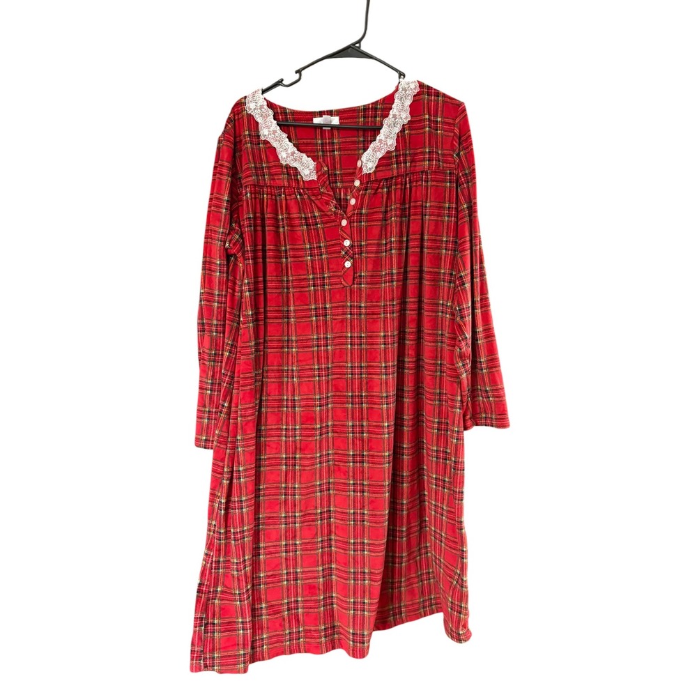 Secret Treasures Red Plaid Nightgown Lace Trim Fleece Sleepwear Womens Lg 12/14